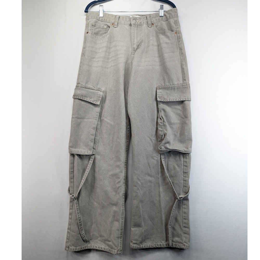 SONG Womens Taupe Grey Wide Leg Cargo Jeans High Rise Utility Pants Size 9/29